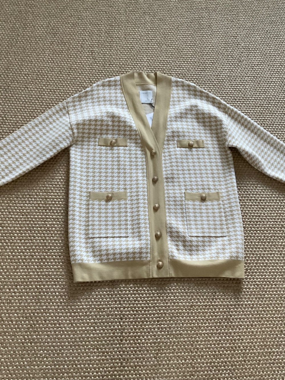 NWT SANDRO PARIS HOUNDSTOOTH CARDIGAN IN BEIGE/YELLOW SIZE 3 ( L ) - Picture 8 of 16